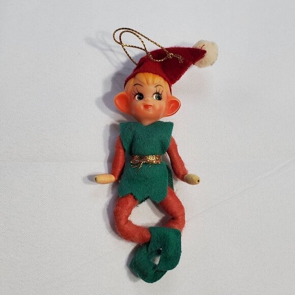 Vintage Pixie Elf Elves Christmas Ornament With Green Felt Outfit Red Hat 1950's - Picture 1 of 5